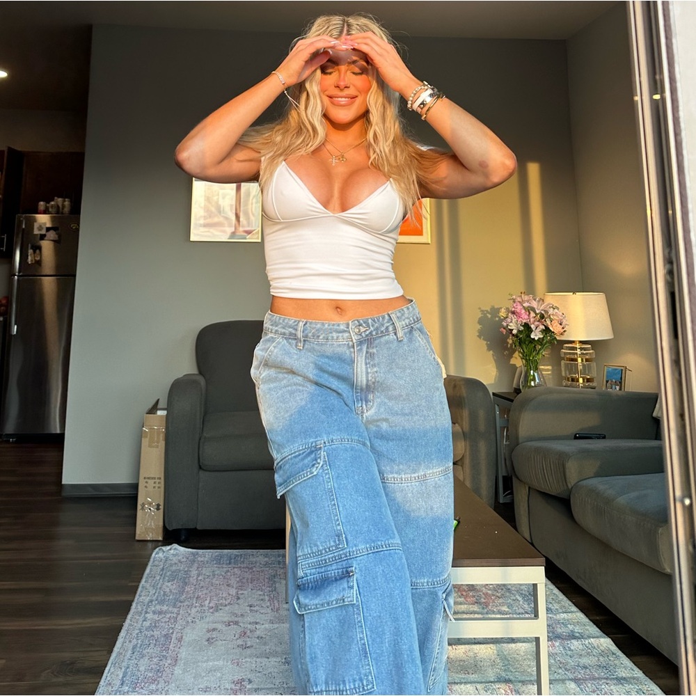 Princess Polly Wide-Leg Denim Cargo Pants